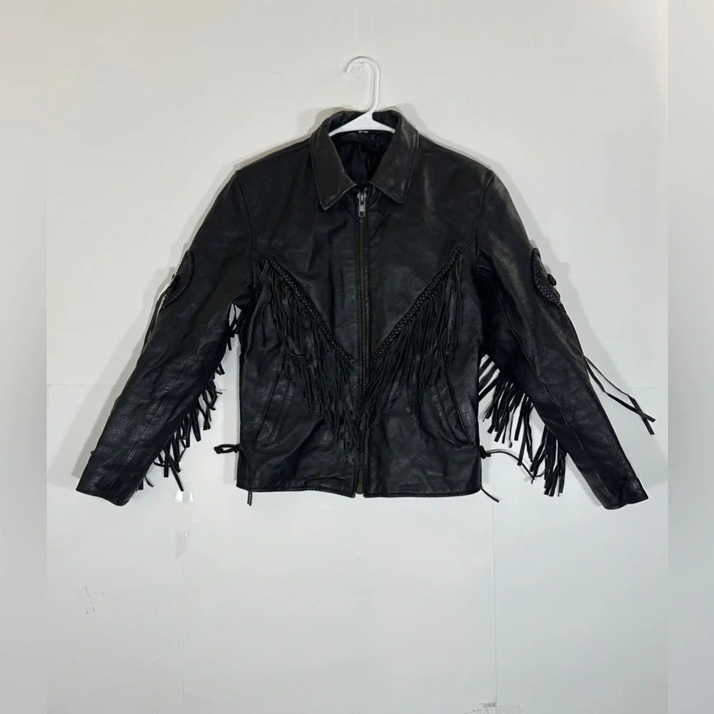 Fringed Black Leather Motorcycle Jacket Vintage Biker Women Medium 1990s Western - Picture 12 of 15